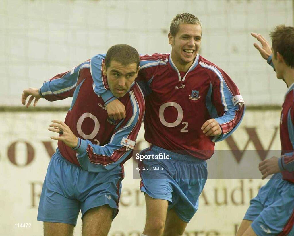 31 May 2003; Andy Myler, left, Drogheda, celebrates after scoring his sides second goal with team-mate Declan O'Brien. eircom league, Premier Division, Drogheda v Cork City, 02 Park, Drogheda, Co. Louth. Soccer. Picture credit; David Maher / SPORTSFILE *EDI*