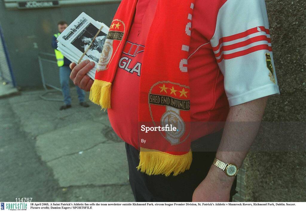 18 April 2003; A Saint Patrick's Athletic fan sells the team newsletter outside Richmond Park. eircom league Premier Division, St. Patrick's Athletic v Shamrock Rovers, Richmond Park, Dublin. Soccer. Picture credit; Damien Eagers / SPORTSFILE