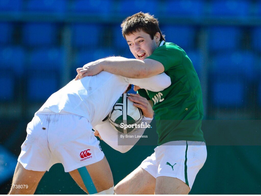 3 April 2013; Jordan Burns, Enland, is tackled by Caolin Blade, Ireland. U19 Friendly, Ireland U19 v England U19, Donnybrook Stadium, Donnybrook, Dublin. Picture credit: Brian Lawless / SPORTSFILE