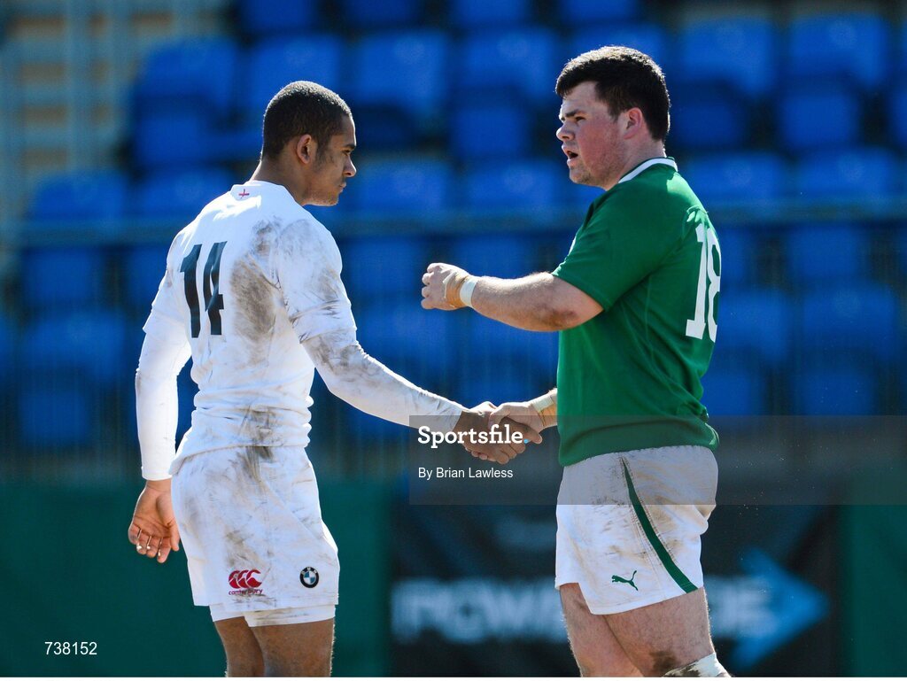 3 April 2013; Rory Burke, Ireland, shakes hands with Zach Kibirge, England, after the match. U19 Friendly, Ireland U19 v England U19, Donnybrook Stadium, Donnybrook, Dublin. Picture credit: Brian Lawless / SPORTSFILE