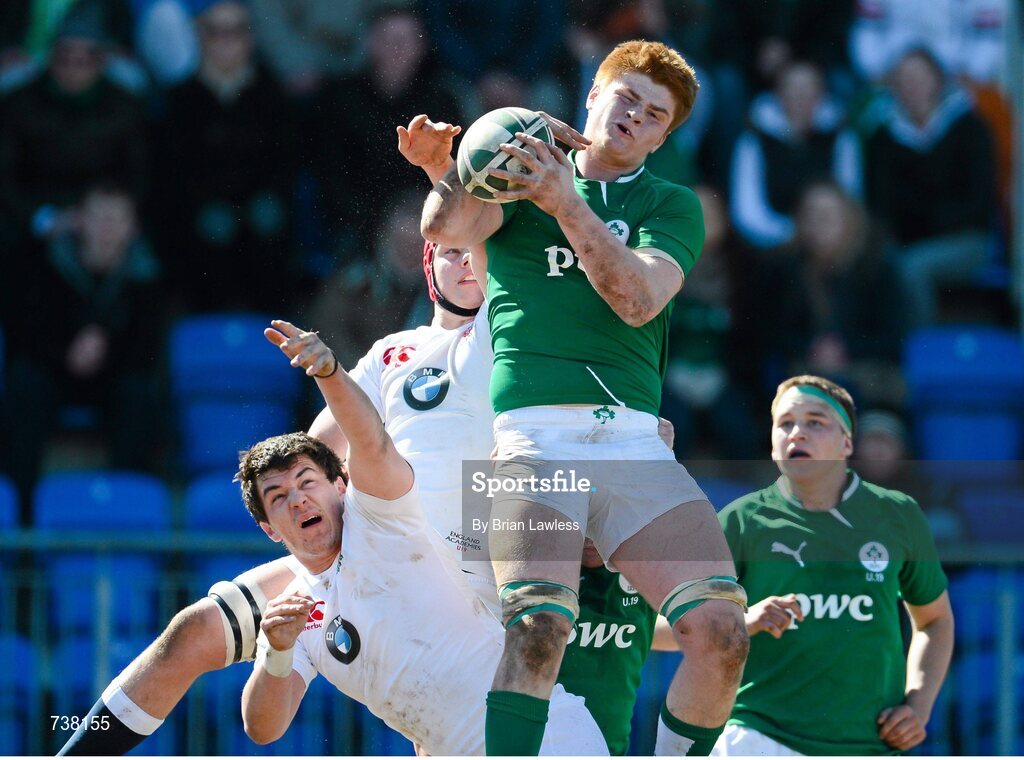 3 April 2013; Sean O'Brien, Ireland, in action against Lewis Ludlow and Javiah Pohe, England. U19 Friendly, Ireland U19 v England U19, Donnybrook Stadium, Donnybrook, Dublin. Picture credit: Brian Lawless / SPORTSFILE