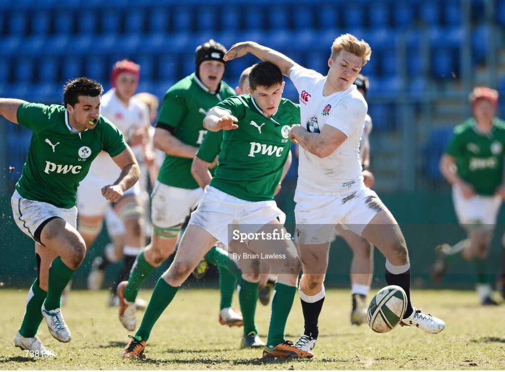3 April 2013; Ian Fitzpatrick, Ireland, in action against Nathan Earle, England. U19 Friendly, Ireland U19 v England U19, Donnybrook Stadium, Donnybrook, Dublin. Picture credit: Brian Lawless / SPORTSFILE