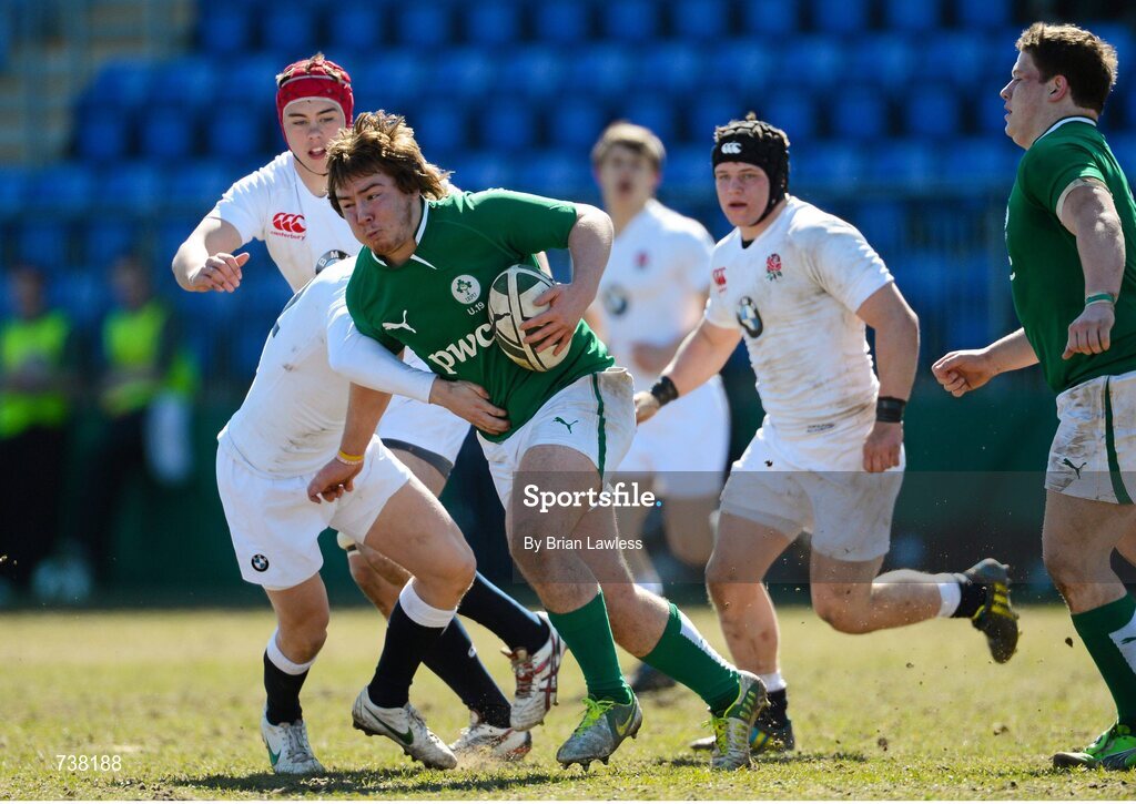3 April 2013; Max Abbott, Ireland, is tackled by David Buck, England. U19 Friendly, Ireland U19 v England U19, Donnybrook Stadium, Donnybrook, Dublin. Picture credit: Brian Lawless / SPORTSFILE