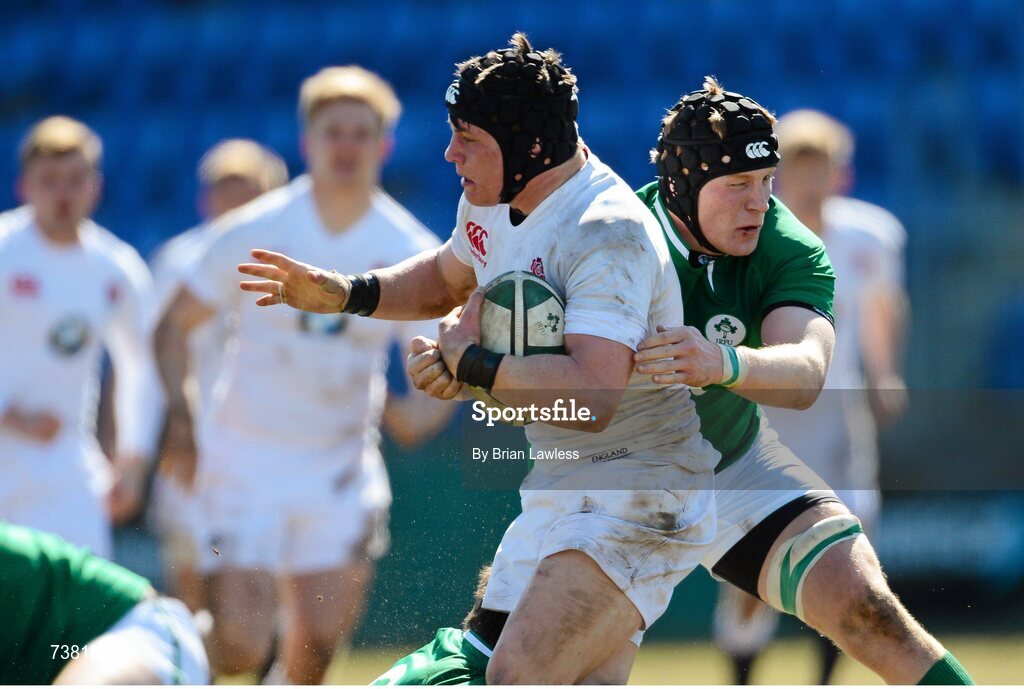 3 April 2013; Harry Thacker, England, is tackled by Ben Alexander, Ireland. U19 Friendly, Ireland U19 v England U19, Donnybrook Stadium, Donnybrook, Dublin. Picture credit: Brian Lawless / SPORTSFILE
