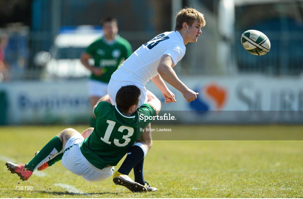 3 April 2013; Tom Hudson, England, is tackled by Rory O'Loughlin, Ireland. U19 Friendly, Ireland U19 v England U19, Donnybrook Stadium, Donnybrook, Dublin. Picture credit: Brian Lawless / SPORTSFILE