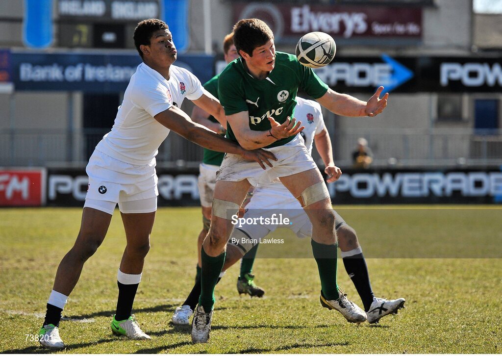 3 April 2013; Jack O'Donoghue, Ireland, is tackled by Nathan Earle, England. U19 Friendly, Ireland U19 v England U19, Donnybrook Stadium, Donnybrook, Dublin. Picture credit: Brian Lawless / SPORTSFILE