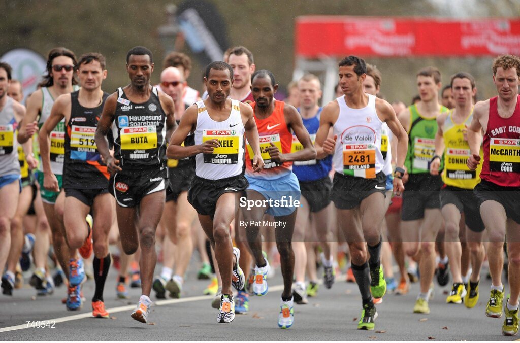 14 April 2013; A general view of the early stages of the Elite Men's Race at the SPAR Great Ireland Run 2013, including eventual winner Kenenisa Bekele, Ethiopia. SPAR Great Ireland Run 2013, Phoenix Park, Dublin. Picture credit: Pat Murphy / SPORTSFILE