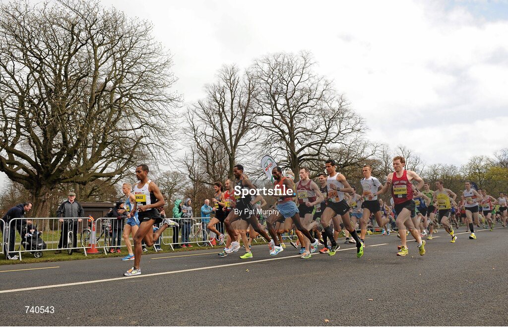 14 April 2013; Eventual winner Kenenisa Bekele, Ethiopia, leads the field during the early stages of the Elite Men's Race at the SPAR Great Ireland Run 2013. SPAR Great Ireland Run 2013, Phoenix Park, Dublin. Picture credit: Pat Murphy / SPORTSFILE