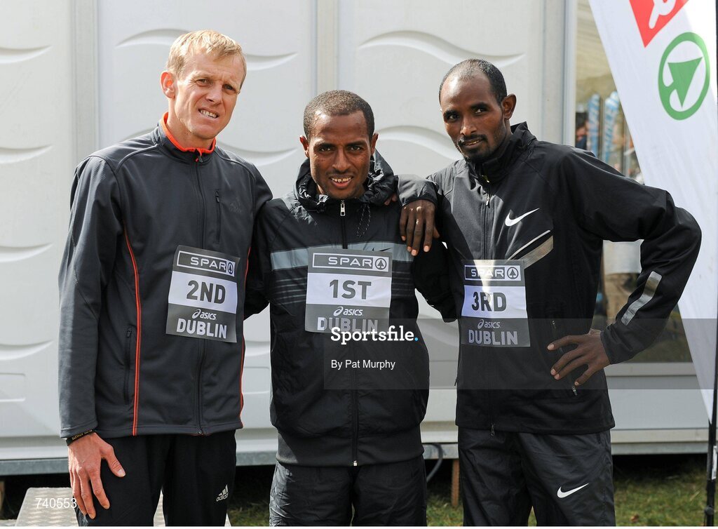 14 April 2013; Winner of the SPAR Great Ireland Run 2013 Kenenisa Bekele, Ethiopia, with second placed Sergiy Lebid, Ukraine, left, and third placed Ibrahim Jeilan, Ethiopia, right. Phoenix Park, Dublin. Picture credit: Pat Murphy / SPORTSFILE