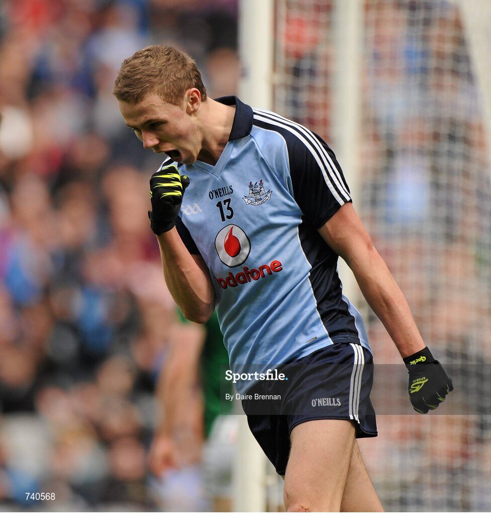 14 April 2013; Paul Mannion, Dublin, celebrates after scoring his side's first goal. Allianz Football League, Division 1, Semi-Final, Dublin v Mayo, Croke Park, Dublin. Picture credit: Dáire Brennan / SPORTSFILE