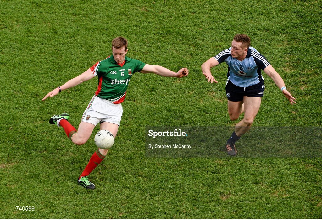 14 April 2013; Donal Vaughan, Mayo, in action against Paul Flynn, Dublin. Allianz Football League, Division 1, Semi-Final, Dublin v Mayo, Croke Park, Dublin. Picture credit: Stephen McCarthy / SPORTSFILE