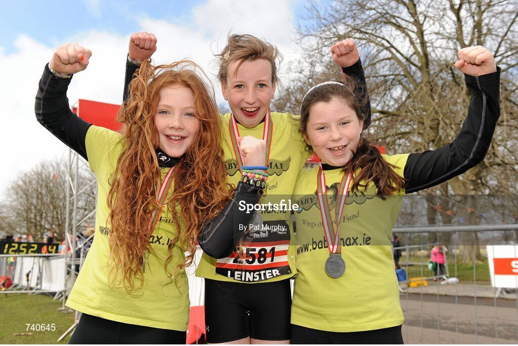 14 April 2013; Athletes, from left, Zena Donnelly, aged 10, from Blackrock, Chloe Springer Nolan, aged 12, from Carlow, and Leah Keogh, aged 10, from Blackrock, Dublin, after competing in the SPAR Junior Great Ireland Run 2013. Phoenix Park, Dublin. Picture credit: Pat Murphy / SPORTSFILE