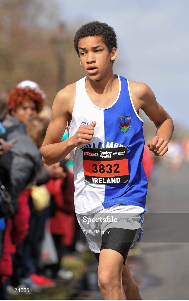14 April 2013; Chinnie Izuchukwu, Tullamore Harriers, Co. Offaly, on his way to winning the SPAR Junior Great Ireland Run 2013. Phoenix Park, Dublin. Picture credit: Pat Murphy / SPORTSFILE