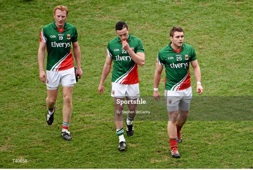 14 April 2013; Mayo players, from left, Richie Feeney, Evan Regan and Alan Murphy leave the field following defeat. Allianz Football League, Division 1, Semi-Final, Dublin v Mayo, Croke Park, Dublin. Picture credit: Stephen McCarthy / SPORTSFILE