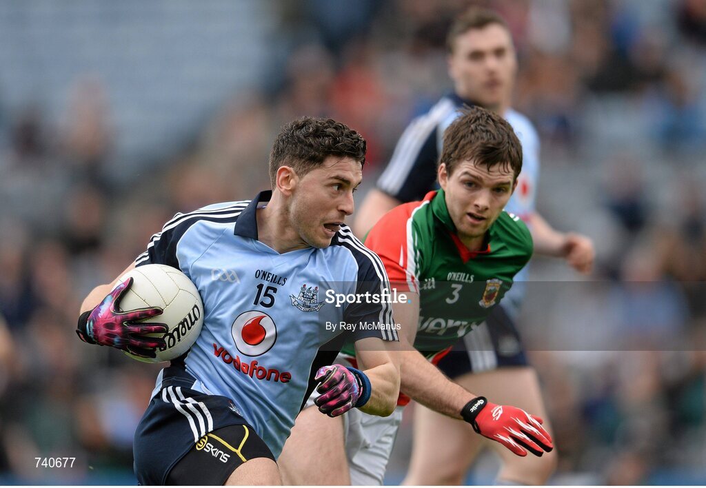 14 April 2013; Bernard Brogan, Dublin, in action against Ger Cafferkey, Mayo. Allianz Football League, Division 1, Semi-Final, Dublin v Mayo, Croke Park, Dublin. Picture credit: Ray McManus / SPORTSFILE