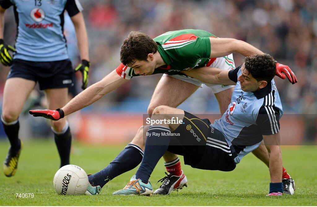 14 April 2013; Bernard Brogan, Dublin, in action against Ger Cafferkey, Mayo. Allianz Football League, Division 1, Semi-Final, Dublin v Mayo, Croke Park, Dublin. Picture credit: Ray McManus / SPORTSFILE