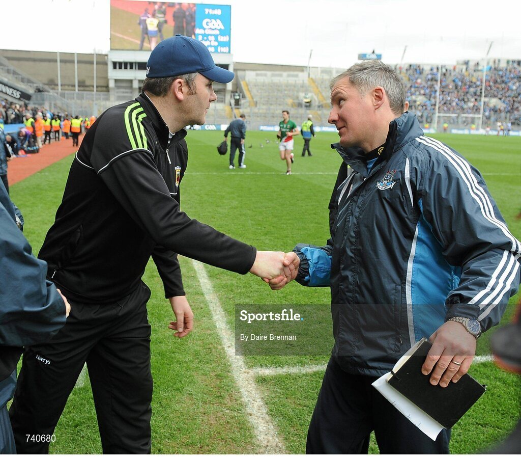 14 April 2013; Dublin manager Jim Gavin shakes hands with Mayo manager James Horan after the game. Allianz Football League, Division 1, Semi-Final, Dublin v Mayo, Croke Park, Dublin. Picture credit: Dáire Brennan / SPORTSFILE