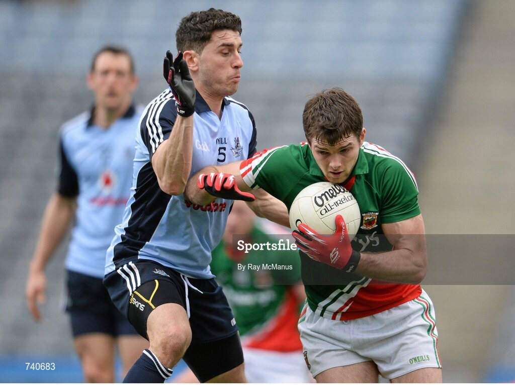 14 April 2013; Ger Cafferkey, Mayo, in action against  Bernard Brogan, Dublin. Allianz Football League, Division 1, Semi-Final, Dublin v Mayo, Croke Park, Dublin. Picture credit: Ray McManus / SPORTSFILE