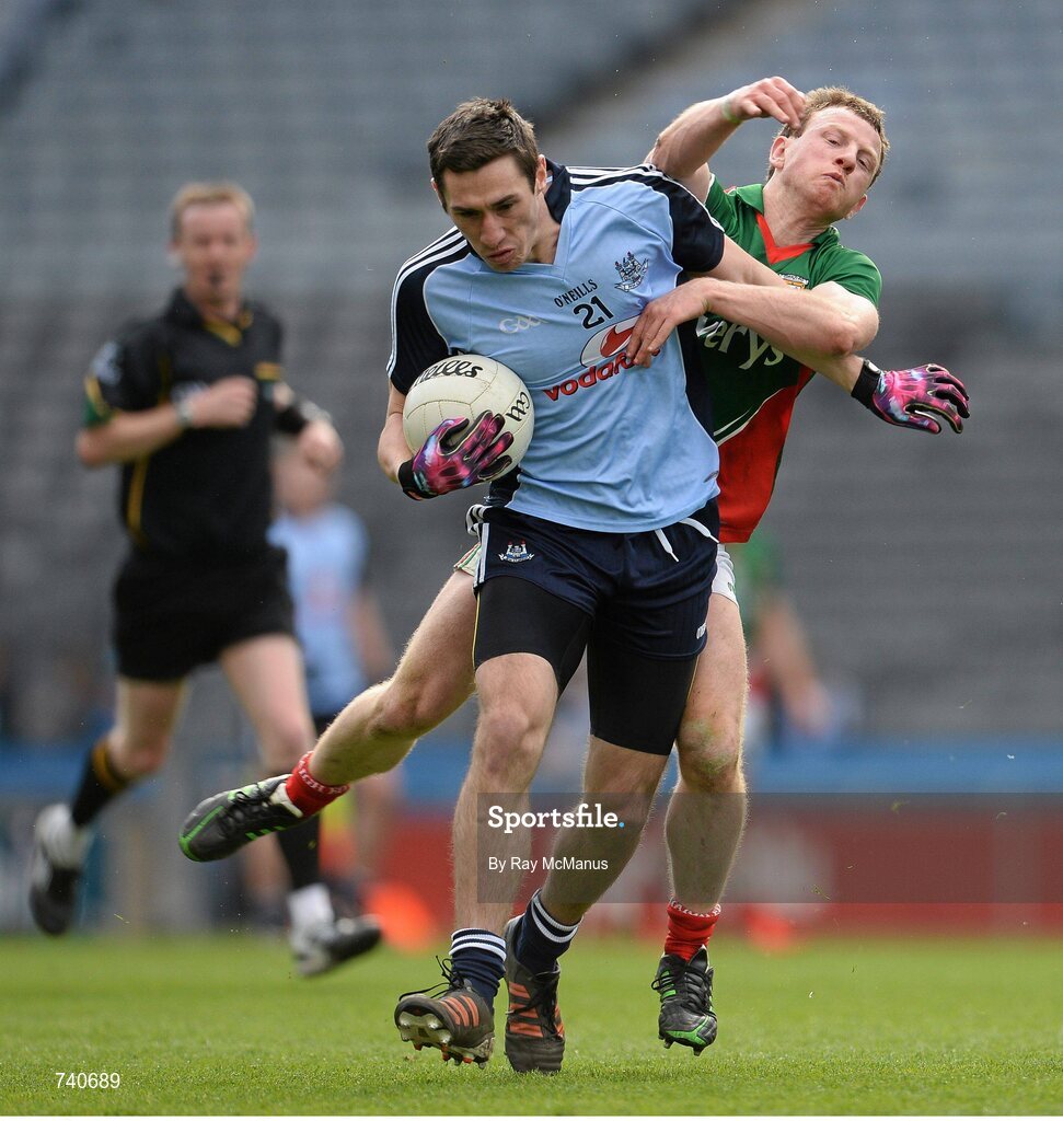 14 April 2013; Nicky Devereux, Dublin, in action against Colm Boyle, Mayo. Allianz Football League, Division 1, Semi-Final, Dublin v Mayo, Croke Park, Dublin. Picture credit: Ray McManus / SPORTSFILE