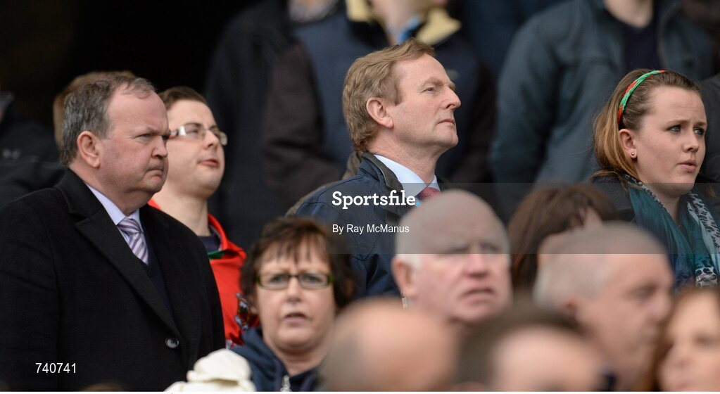 14 April 2013; Uachtarán Chumann Lúthchleas Gael Liam Ó Néill, left, An Taoiseach Enda Kenny T.D. and his daughter Aoibhinn stand for the National Anthem. Allianz Football League, Division 1, Semi-Final, Dublin v Mayo, Croke Park, Dublin. Picture credit: Ray McManus / SPORTSFILE