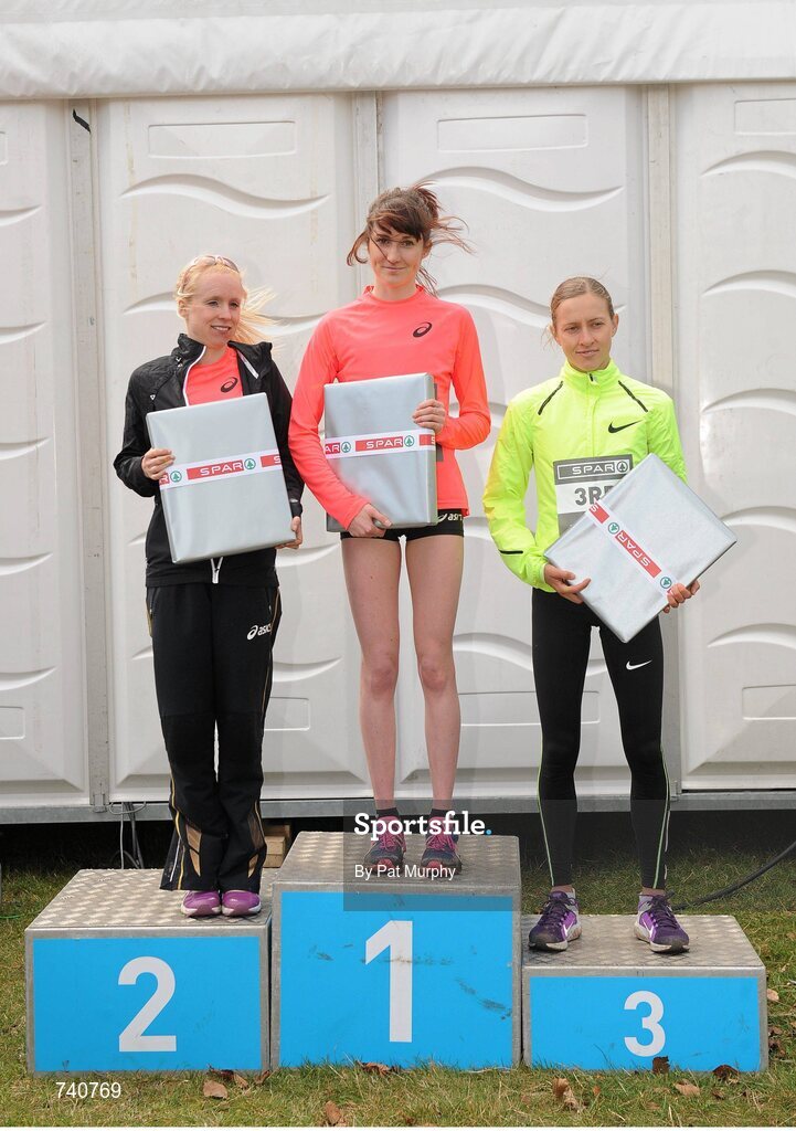 14 April 2013; Winner of the SPAR Great Ireland Run 2013 Women's race Lauren Howarth, Great Britain, with second placed Gemma Steel, Great Britain, left, and third placed Julia Bleasdale, Great Britain, right. Phoenix Park, Dublin. Picture credit: Pat Murphy / SPORTSFILE