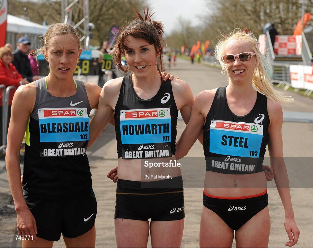 14 April 2013; Lauren Howart, Great Britain, winner of the Elite Women's event at the SPAR Great Ireland Run 2013 with second placed Gemma Steel, Great Britain, right, and third placed Julia Bleasdale, Great Britain, left. Phoenix Park, Dublin. Picture credit: Pat Murphy / SPORTSFILE