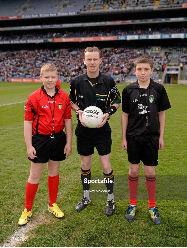 14 April 2013; Referee Joe McQuillan with junior whistlers Ryan Kelly, left, Trinity Gaels GAA Club, and Oisin Madigan, St. Oliver Plunketts/ Eoghan Ruadh GAA Club. Allianz Football League, Division 1, Semi-Final, Dublin v Mayo, Croke Park, Dublin. Picture credit: Ray McManus / SPORTSFILE