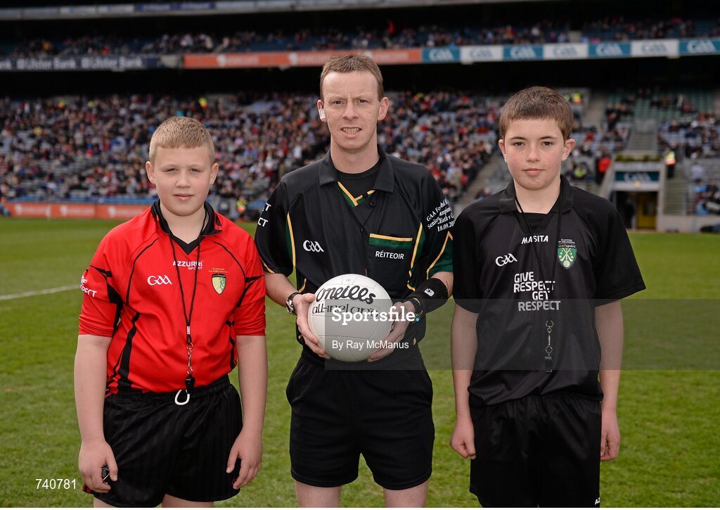 14 April 2013; Referee Joe McQuillan with junior whistlers Ryan Kelly, left, Trinity Gaels GAA Club, and Oisin Madigan, St. Oliver Plunketts/ Eoghan Ruadh GAA Club. Allianz Football League, Division 1, Semi-Final, Dublin v Mayo, Croke Park, Dublin. Picture credit: Ray McManus / SPORTSFILE