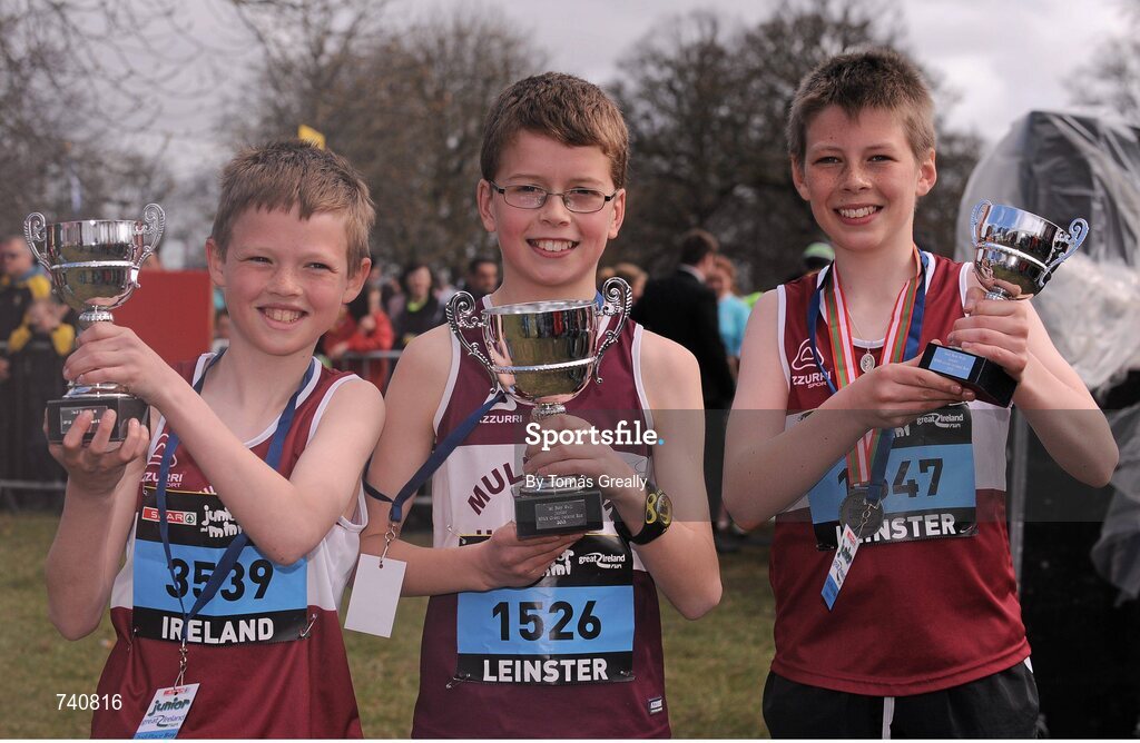 14 April 2013; Winner of the SPAR Mini Great Ireland Run 2013 Eoin Quinn, centre, with second placed Andrew Shaw, left, and third placed Andrew Daily, all from Mullingar Harriers A.C., Co. Westmeath. Phoenix Park, Dublin. Picture credit: Tomás Greally / SPORTSFILE