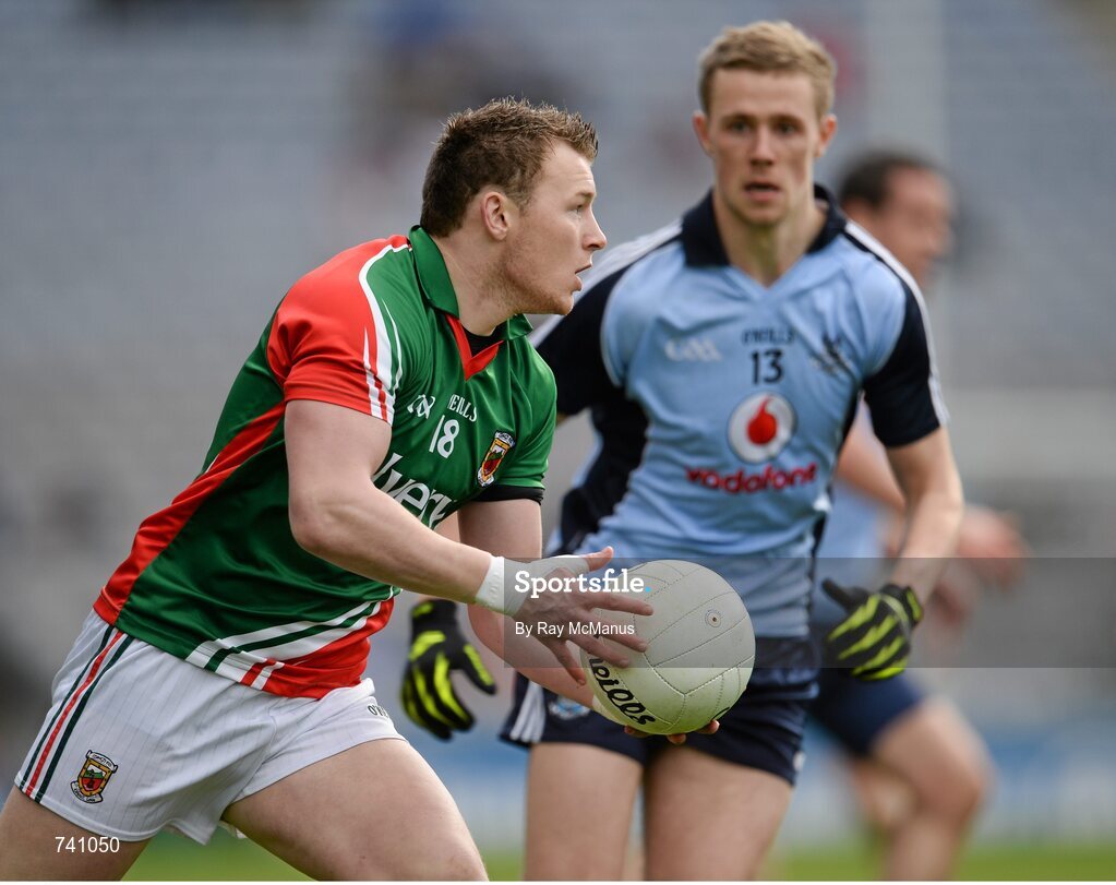 14 April 2013; Michael Walsh, Mayo, in action against Paul Mannion, Dublin. Allianz Football League, Division 1, Semi-Final, Dublin v Mayo, Croke Park, Dublin. Picture credit: Ray McManus / SPORTSFILE