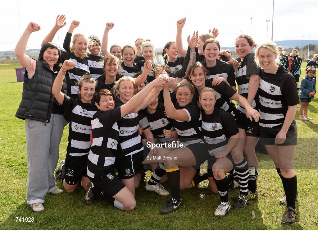20 April 2013; Old Belvedere captain Carol Murphy lifts the Paul Flood Cup as her team-mates celebrate. Paul Flood Cup Final, Old Belvedere v Galwegians, Seapoint RFC, Killiney, Co. Dublin. Picture credit: Matt Browne / SPORTSFILE