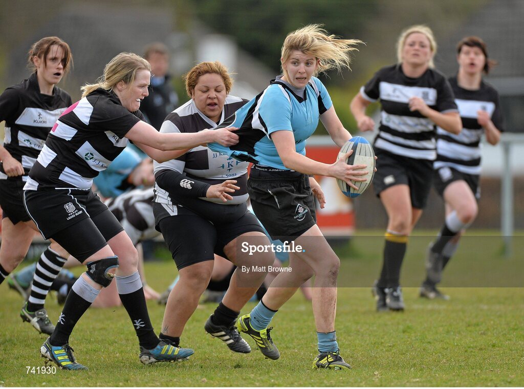 20 April 2013; Clare Raftery, Galwegians, is tackled by Elaine Cohalan, Old Belvedere. Paul Flood Cup Final, Old Belvedere v Galwegians, Seapoint RFC, Killiney, Co. Dublin. Picture credit: Matt Browne / SPORTSFILE