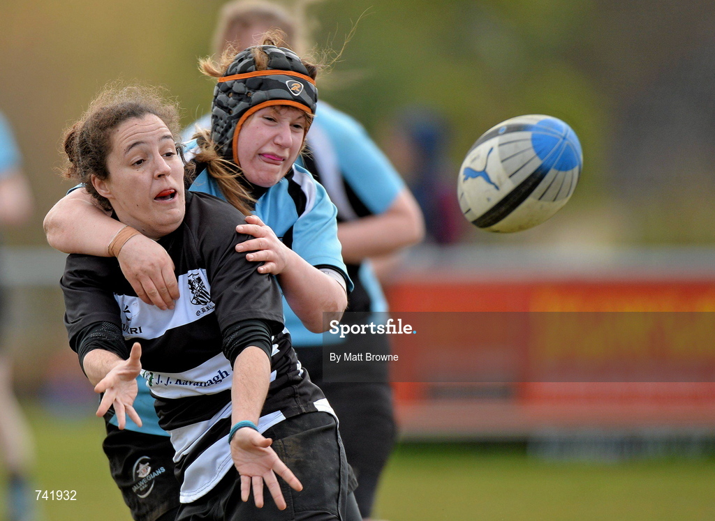 20 April 2013; Ana Crespo, Old Belvedere, is tackled by Katherine McDonagh, Galwegians. Paul Flood Cup Final, Old Belvedere v Galwegians, Seapoint RFC, Killiney, Co. Dublin. Picture credit: Matt Browne / SPORTSFILE