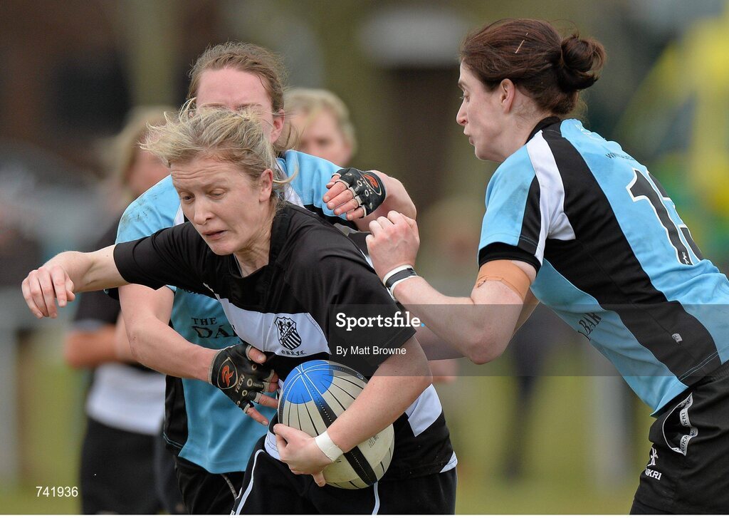 20 April 2013; Carol Murphy, Old Belvedere, is tackled by Lisa McDonagh, Galwegians. Paul Flood Cup Final, Old Belvedere v Galwegians, Seapoint RFC, Killiney, Co. Dublin. Picture credit: Matt Browne / SPORTSFILE
