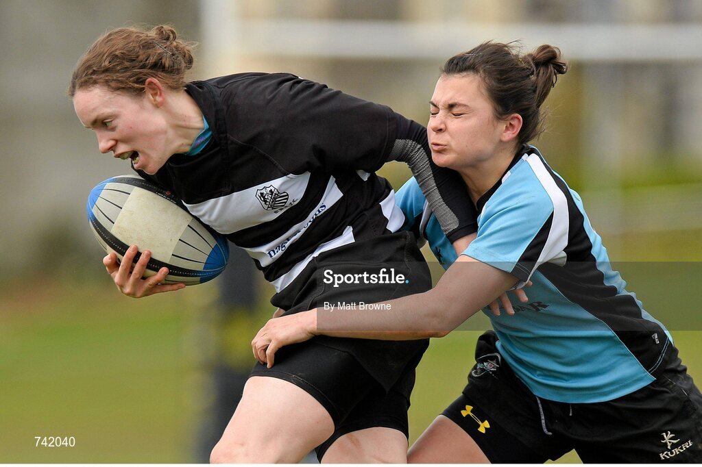 20 April 2013; Emer O'Malley, Old Belvedere, is tackled by Mary Healy, Galwegians. Paul Flood Cup Final, Old Belvedere v Galwegians, Seapoint RFC, Killiney, Co. Dublin. Picture credit: Matt Browne / SPORTSFILE