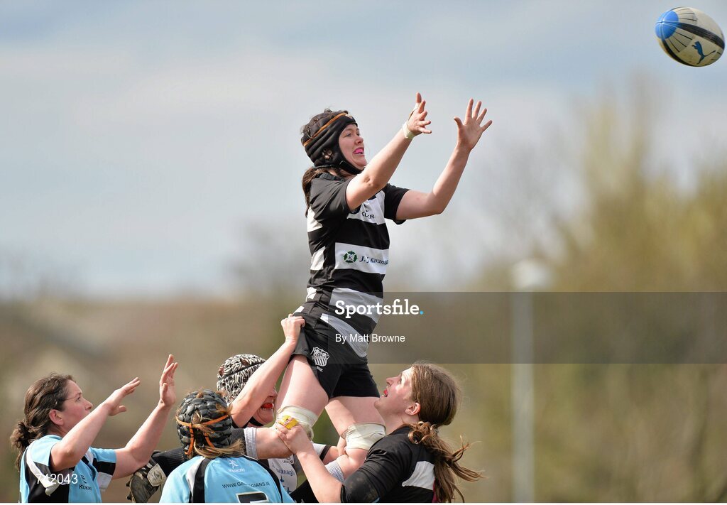 20 April 2013; Sheena Moore, Old Belvedere, wins possession for her side in a a lineout against Galwegians. Paul Flood Cup Final, Old Belvedere v Galwegians, Seapoint RFC, Killiney, Co. Dublin. Picture credit: Matt Browne / SPORTSFILE