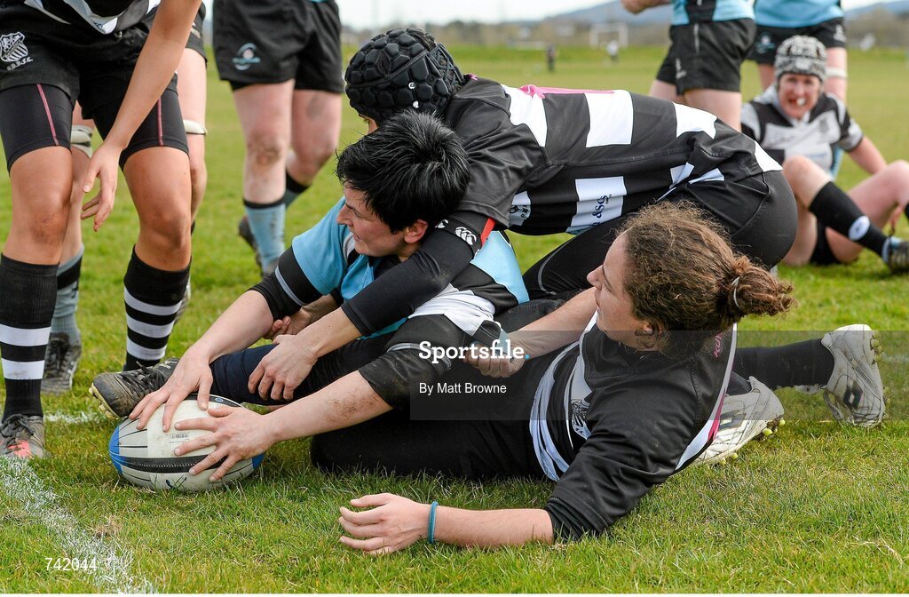 20 April 2013; Emer O'Dowd, Galwegians, scores a try despite the best efforts of the Old Belvedere defence. Paul Flood Cup Final, Old Belvedere v Galwegians, Seapoint RFC, Killiney, Co. Dublin. Picture credit: Matt Browne / SPORTSFILE