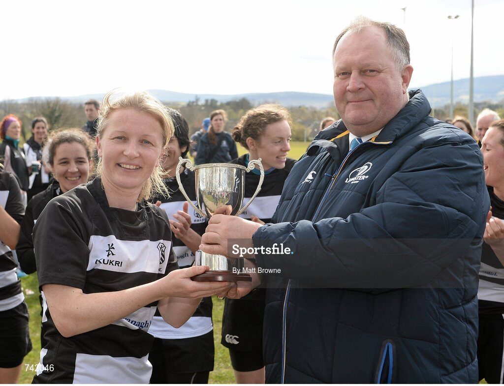 20 April 2013; Stuart Bayley, from Leinster Rugby, presents Old Belvedere captain Carol Murphy with the Paul Flood Cup. Paul Flood Cup Final, Old Belvedere v Galwegians, Seapoint RFC, Killiney, Co. Dublin. Picture credit: Matt Browne / SPORTSFILE