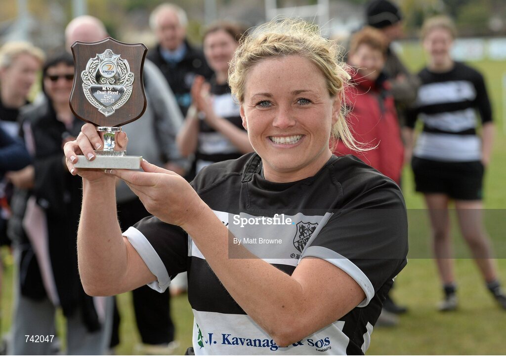 20 April 2013; Old Belvedere's Sharon Lynch after being presented with the Most Valued Player award. Paul Flood Cup Final, Old Belvedere v Galwegians, Seapoint RFC, Killiney, Co. Dublin. Picture credit: Matt Browne / SPORTSFILE
