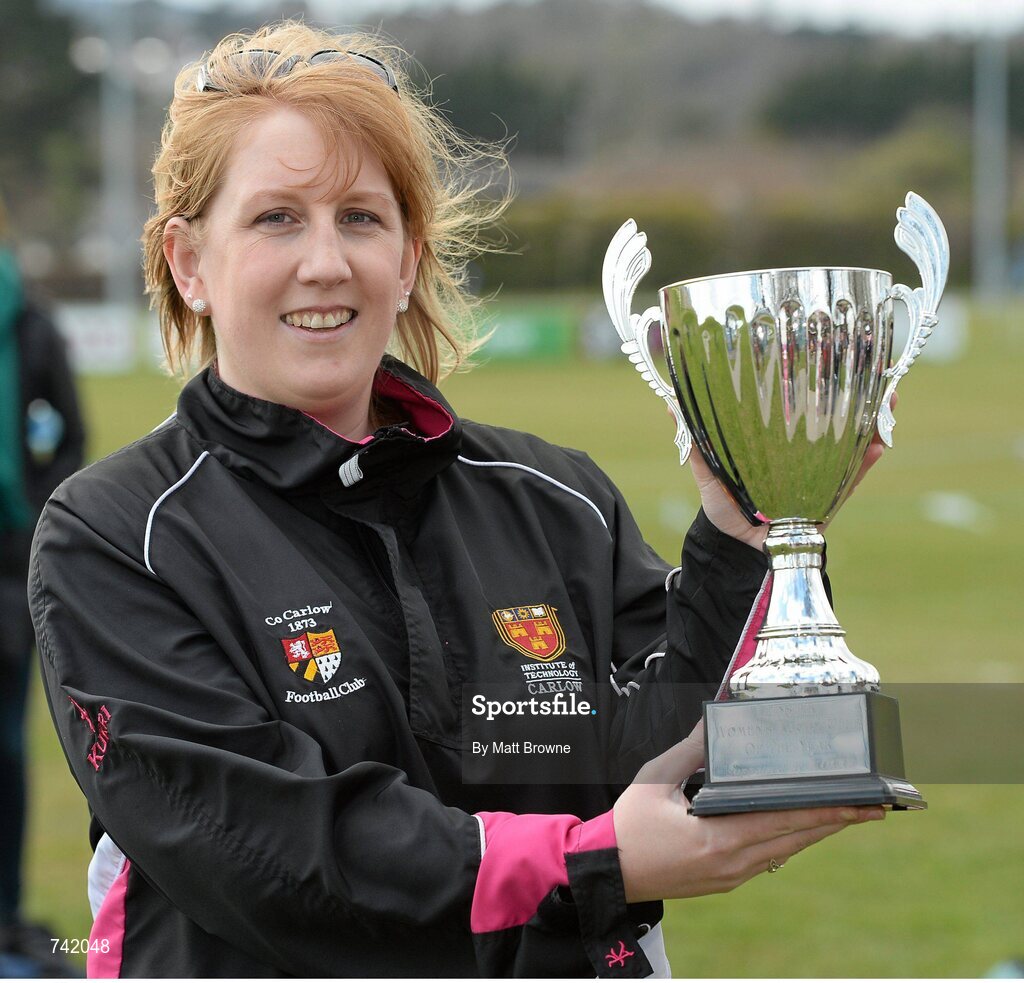 20 April 2013; Aisling Green, from Carlow Coyotes Rugby Club, with the Leinster Women's Rugby Club of the Year Award, supported by Kukri. Paul Flood Cup Final, Old Belvedere v Galwegians, Seapoint RFC, Killiney, Co. Dublin. Picture credit: Matt Browne / SPORTSFILE