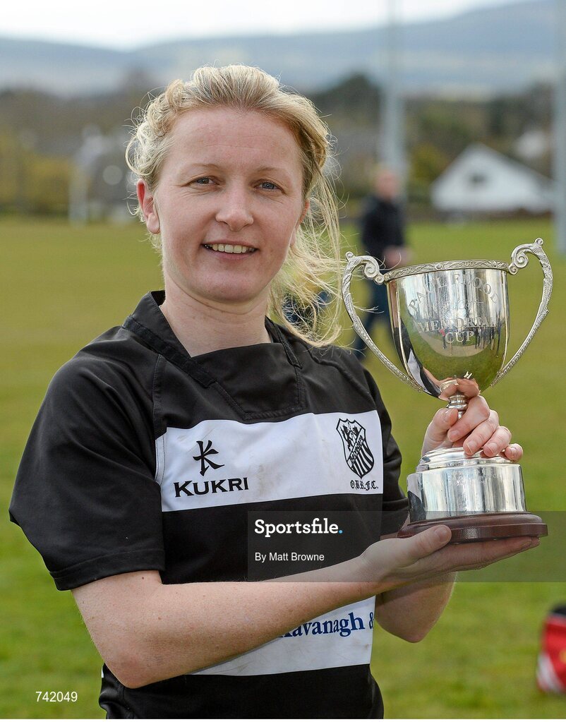 20 April 2013; Old Belvedere captain Carol Murphy, from Crecora, Co. Limerick, with the Paul Flood Cup after the game. Paul Flood Cup Final, Old Belvedere v Galwegians, Seapoint RFC, Killiney, Co. Dublin. Picture credit: Matt Browne / SPORTSFILE