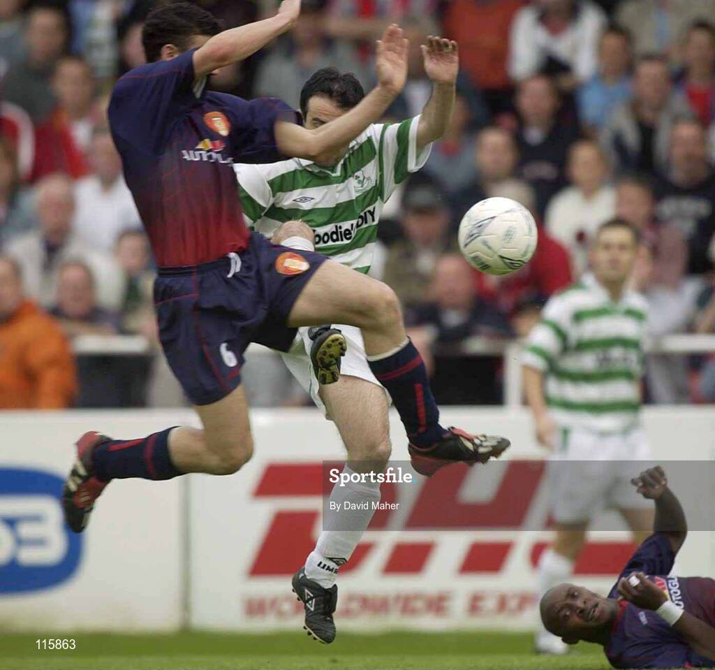 13 June 2003; Anthony Murphy of St Patrick's Athletic in action against Jason Colwell of Shamrock Rovers during the Eircom League Premier Division match between Shamrock Rovers and St Patrick's Athletic at Richmond Park in Dublin. Photo by David Maher/Sportsfile