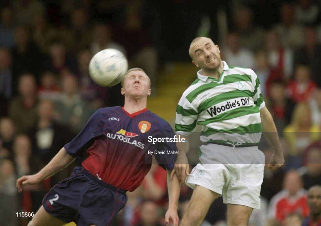 13 June 2003; Barry Prederville of St Patrick's Athletic in action against Tony Grant of Shamrock Rovers during the Eircom League Premier Division match between Shamrock Rovers and St Patrick's Athletic at Richmond Park in Dublin. Photo by David Maher/Sportsfile