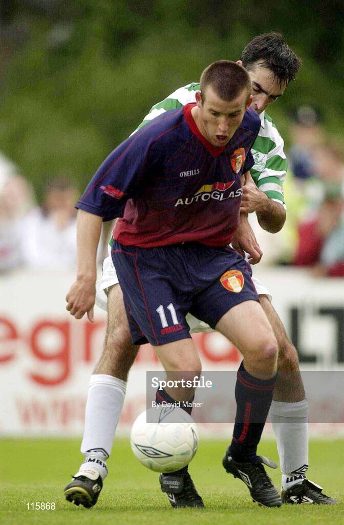 13 June 2003; Dave Freeman of St Patrick's Athletic in action against Terry Palmer of Shamrock Rovers during the Eircom League Premier Division match between Shamrock Rovers and St Patrick's Athletic at Richmond Park in Dublin. Photo by David Maher/Sportsfile