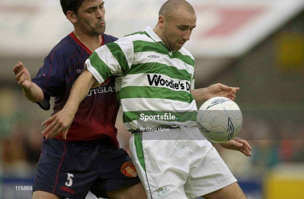 13 June 2003; Tony Grant of Shamrock Rovers in action against Darragh McGuire of St Patrick's Athletic during the Eircom League Premier Division match between Shamrock Rovers and St Patrick's Athletic at Richmond Park in Dublin. Photo by David Maher/Sportsfile
