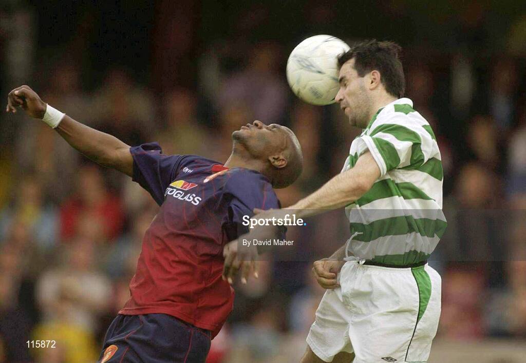 13 June 2003; Jason Colwell of Shamrock Rovers in action against Charles Mbabazi Livingstone of St Patrick's Athletic during the Eircom League Premier Division match between Shamrock Rovers and St Patrick's Athletic at Richmond Park in Dublin. Photo by David Maher/Sportsfile