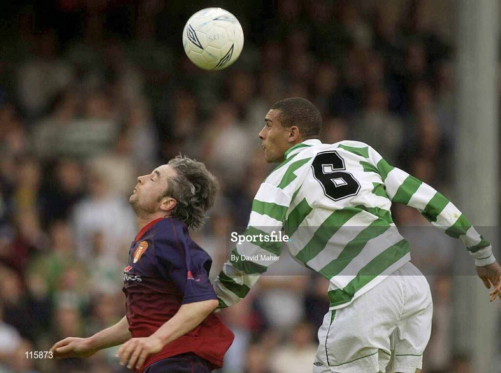 13 June 2003; Tony Bird of St Patrick's Athletic in action against Richie Byrne of Shamrock Rovers during the Eircom League Premier Division match between Shamrock Rovers and St Patrick's Athletic at Richmond Park in Dublin. Photo by David Maher/Sportsfile