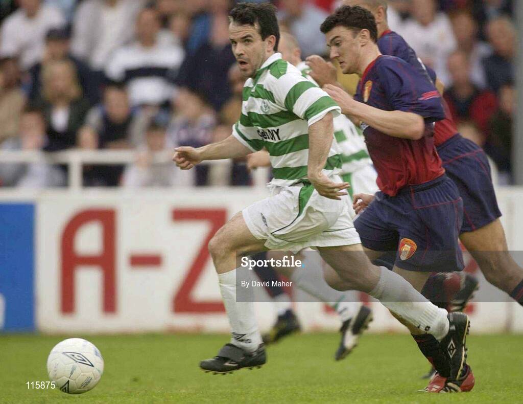 13 June 2003; Jason Colwell of Shamrock Rovers in action against Anthony Murphy of St Patrick's Athletic during the Eircom League Premier Division match between Shamrock Rovers and St Patrick's Athletic at Richmond Park in Dublin. Photo by David Maher/Sportsfile