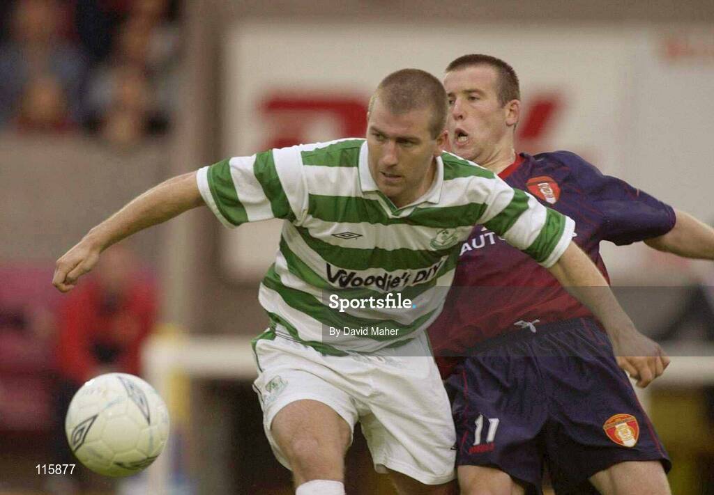 13 June 2003; Alan Reynolds of Shamrock Rovers in action against Dave Freeman of St Patrick's Athletic during the Eircom League Premier Division match between Shamrock Rovers and St Patrick's Athletic at Richmond Park in Dublin. Photo by David Maher/Sportsfile