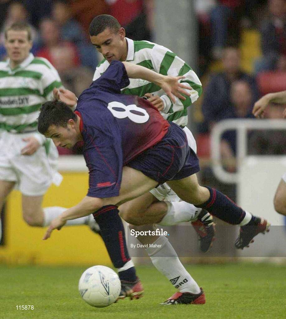 13 June 2003; Keith Fahy of St Patrick's Athletic in action against Richie Byrne of Shamrock Rovers during the Eircom League Premier Division match between Shamrock Rovers and St Patrick's Athletic at Richmond Park in Dublin. Photo by David Maher/Sportsfile
